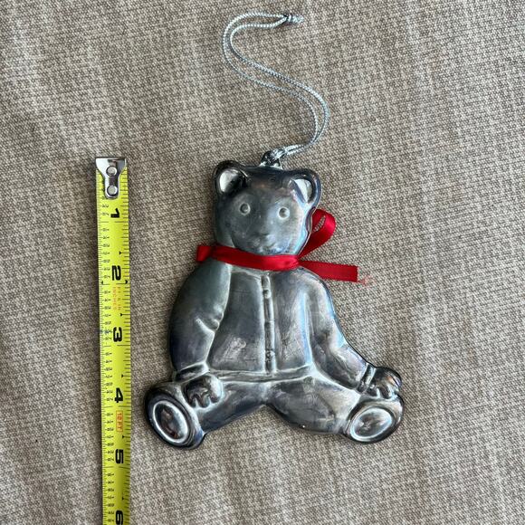 Vintage Bloomingdales Silverplated Teddy Bear w/ Red Christmas Bow Ornament - Picture 2 of 4